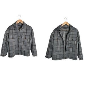 Plaid Shacket Size Medium Black Pockets White Blue Brown Flannel Black Tape
